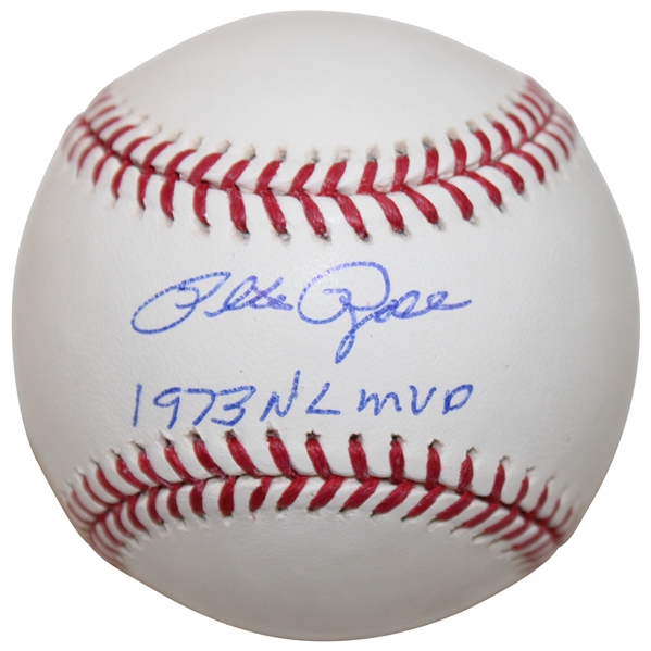 Pete Rose Signed Official Rawlings MLB Baseball w/1973 NL MVP Inscription JSA ALOA