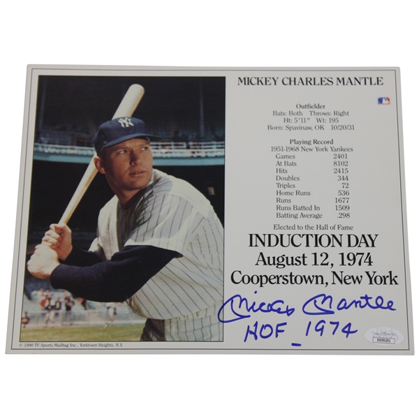 MLB HoFer Mickey Mantle Signed Photo with /HoF 1974 Inscription JSA #XX99291