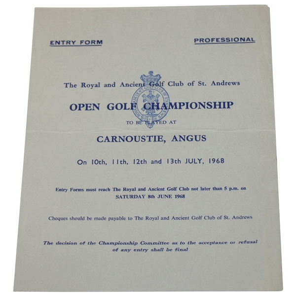 1968 Open Championship at Carnoustie Official Contestant Entry Form - Gary Player Win