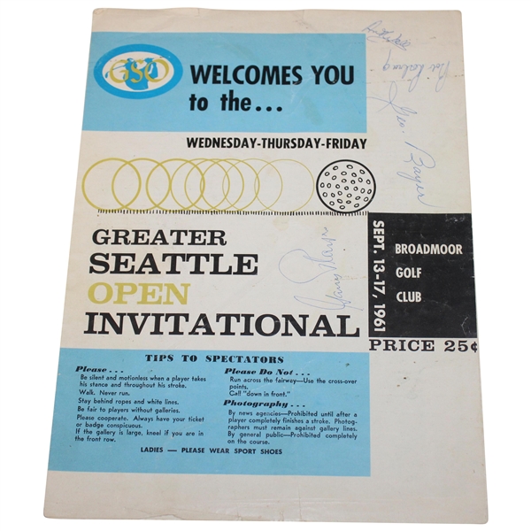 Gary Player, Art Wall & George Bayer Signed 1961 Greater Seattle Open Pairing Sheet JSA ALOA