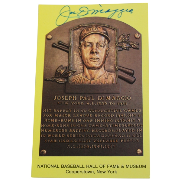 Joe Dimaggio Signed National Baseball Hall of Fame Museum Plaque Postcard JSA ALOA