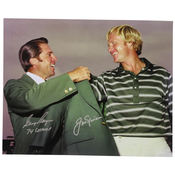 Jack Nicklaus & Gary Player Signed 1975 Masters Jacket Ceremony 16x20 Color Photo JSA ALOA