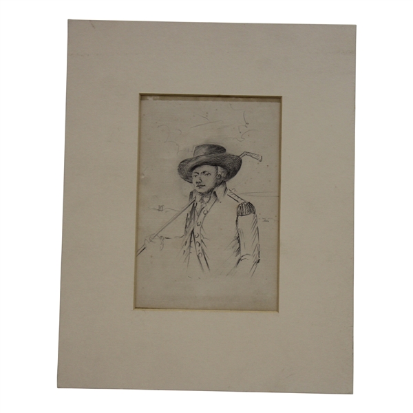 Original Vintage Pencil Drawing Of A Golfer - Matted 