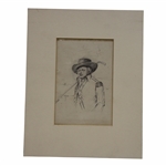 Original Vintage Pencil Drawing Of A Golfer - Matted 