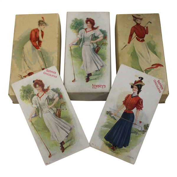 Three (3) Vintage Empty Lowneys Chocolate Boxes & Two (2) Advertising Postcards w/ Lady Golfers