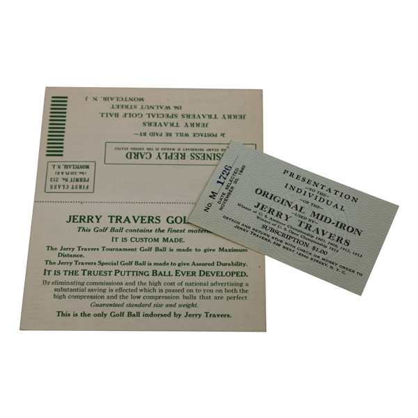 Jerry Travers 1940 Raffle Ticket For Original Used Mid Iron & Unused Signature Golf Ball Order Postcard From Estate 