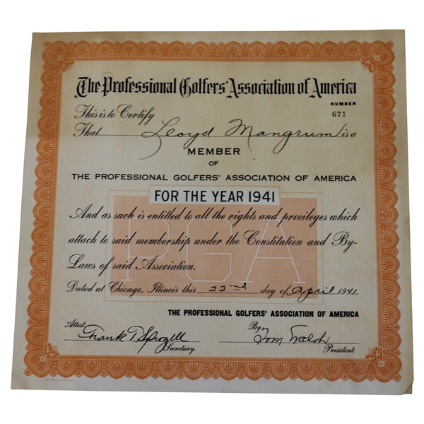 Lloyd Mangrums Personal 1941 PGA Member Certificate