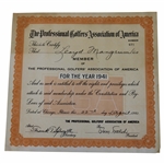 Lloyd Mangrums Personal 1941 PGA Member Certificate