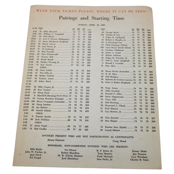 1966 Masters Tournament Sunday Final Rd Pairing Sheet - Jack Nicklaus Winner