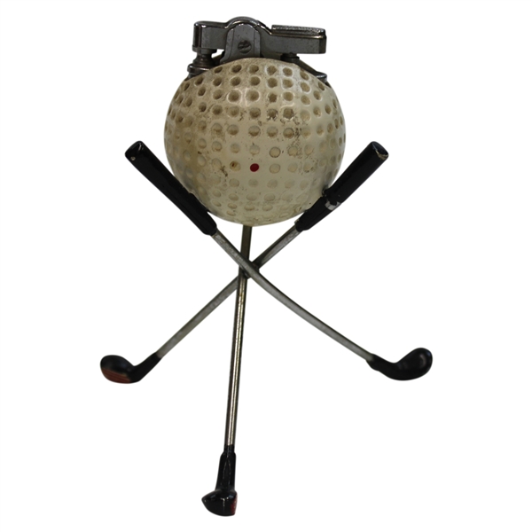 Vintage Dimple Pattern Golf Ball Themed Lighter on Three (3) Crossed Clubs Stand