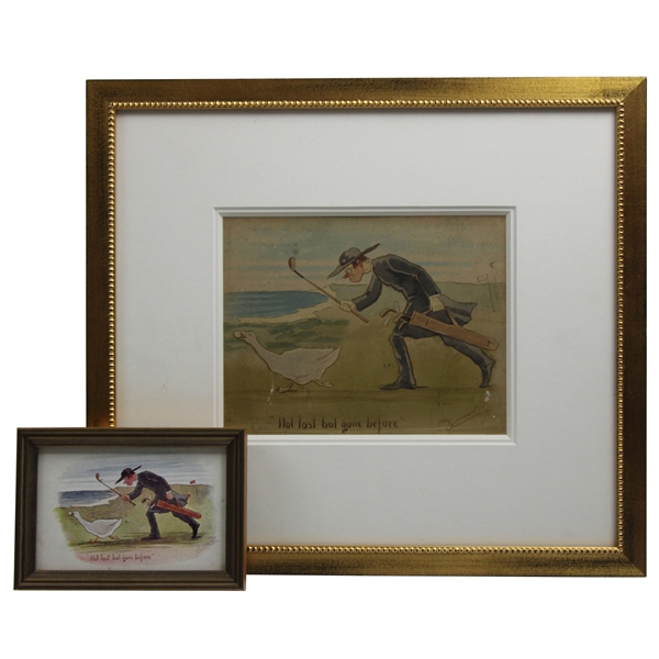 Original Not Lost But Gone Before Framed Golf Cartoon Watercolor w/Collectors Card By Artist Cynicus