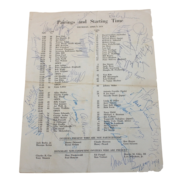 Palmer, Littler, Irwin & others Multi-Signed 1978 Thursday Pairing Sheet JSA ALOA