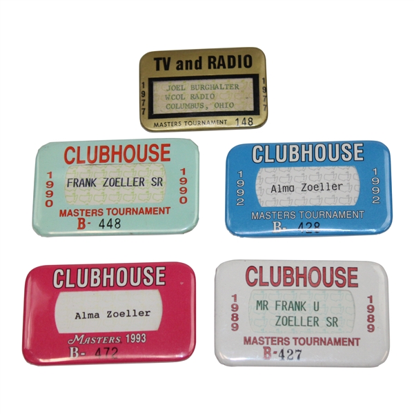 1989, 1990, 1992 & 1993 Masters Clubhouse Zoeller Family Badges plus 1977 TV & Radio Badge