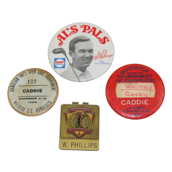 Als Pals, 1968 Hawaiian Intl Caddie Badge, 1970 ToC Caddie Badge & Arnold Palmer Inv. Badge