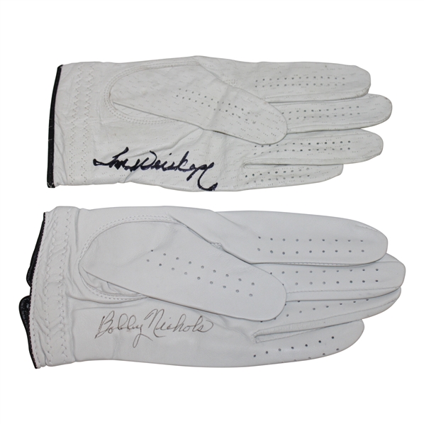 Tom Weiskopf & Bobby Nichols Signed LH White Unused Logo Golf Gloves JSA ALOA