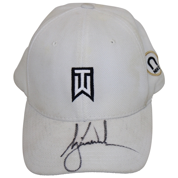 Tiger Woods "TW" Signed Nike ONE White Used Fitted Hat JSA ALOA