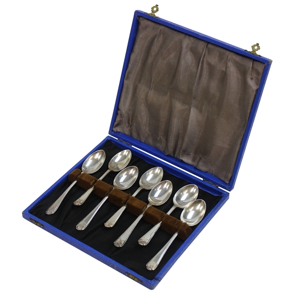 Set of Six (7) Crossed Clubs Hallmarked Golf Teaspoons in Original Blue Case