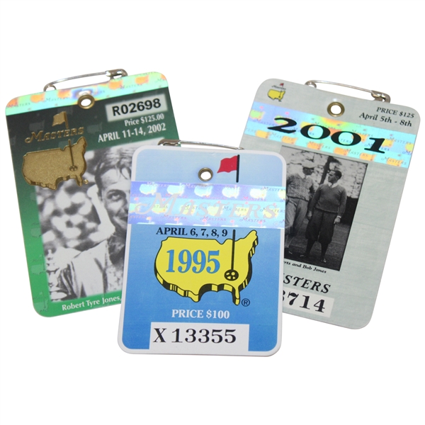 1995, 2001 & 2002 Masters SERIES Badges - Tigers Debut & Back-to-Back Wins Inc. Grand Slam