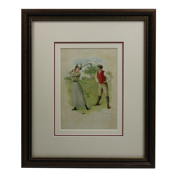 Early 1900s Skirted Golfing Girl And Red Vested Boy Admirer Wood Framed Triple Matted Print