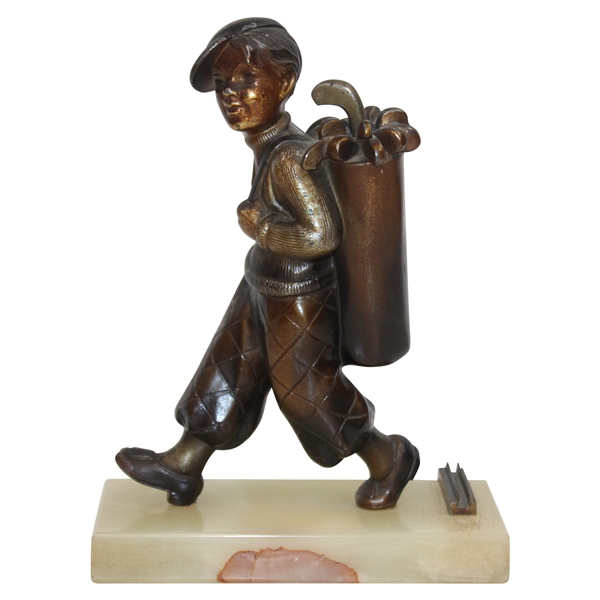 Spelter Caddy with Golf Bag on Marble Plinth