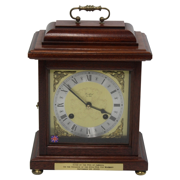 2000 PGA Cup Celtic Manor Presentation Woodford Mahogany & Brass Face Chiming Mantle Clock w/Key