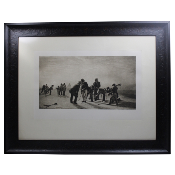 1859 A Summer Evening on the Musselburgh Links: Golfers Monochrome Photogravure Charles Lee - Framed