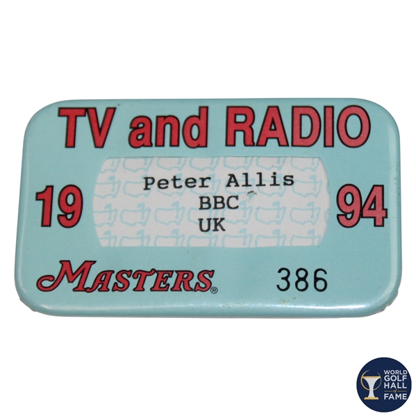 1994 Masters Tournament TV And Radio Badge #386 - Peter Allis BBC UK