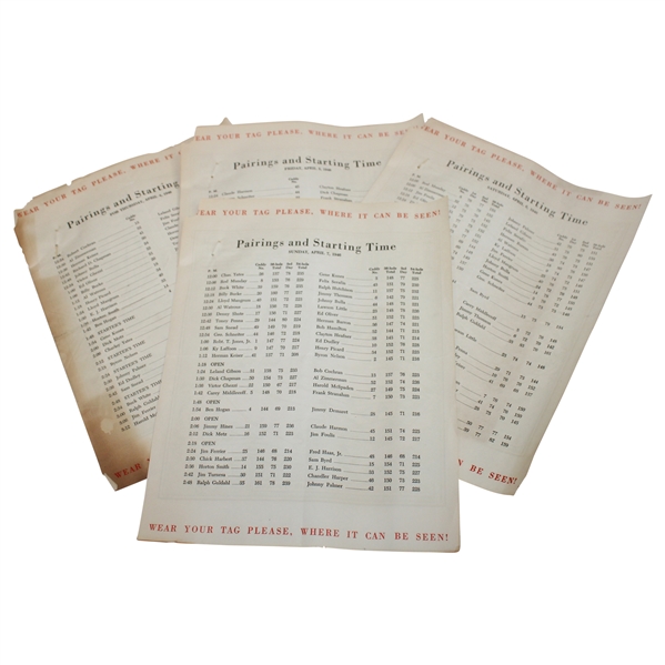 1946 Masters Tournament Complete Thursday, Friday, Saturday & Sunday Pairing Sheets - Seldom Seen