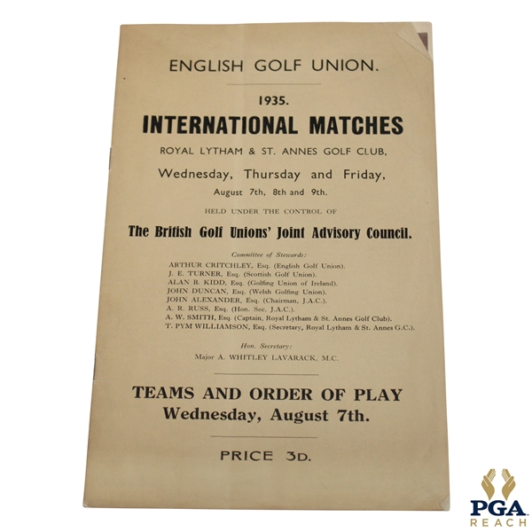 1935 English Golf Union Intl. Matches at Royal Lytham Wednesday Order of Play Program