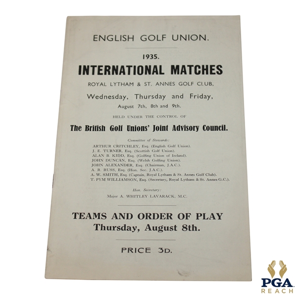 1935 English Golf Union Intl. Matches at Royal Lytham Thursday Order of Play Program