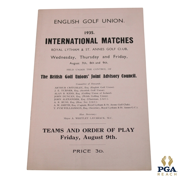 1935 English Golf Union Intl. Matches at Royal Lytham Friday Order of Play Program