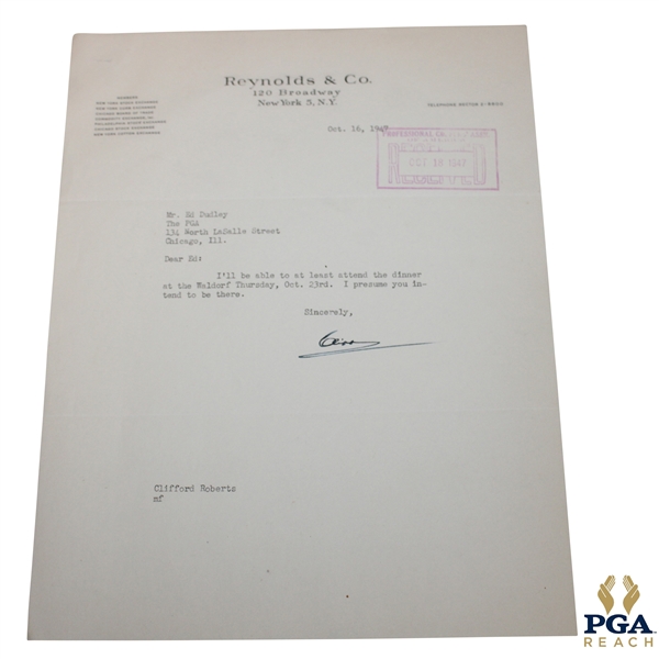 Clifford Roberts Signed 1947 Letter to Ed Dudley on Reynolds & Co. Letterhead - Oct 16 JSA ALOA