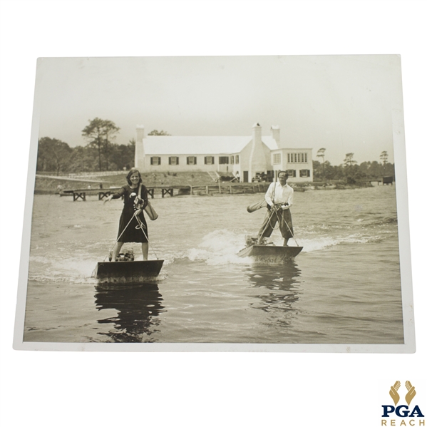 Vintage Female & Male Golfers Crossing River on Aquaplanes with Clubs & Bags 8x10 Wire Photo