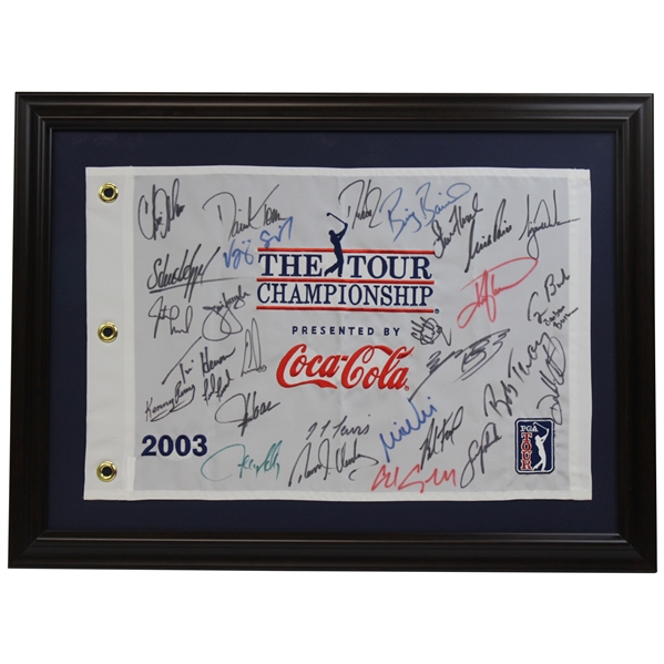 Tiger Woods, Pres. Bush & Field Signed 2003 The TOUR Championship Embroidered Flag - Framed JSA ALOA