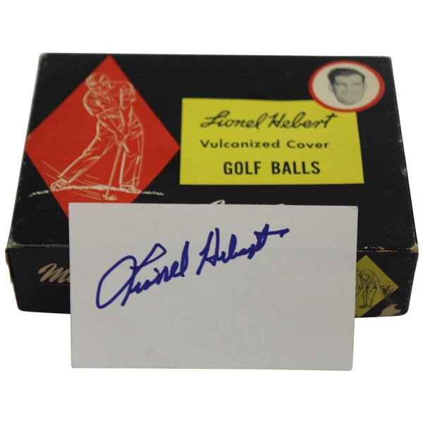 Lionel Hebert Signed 3x5 Card w/c.1960 MacGregor Lionel Hebert Vulcanized Golf Balls Box w/Balls JSA ALOA