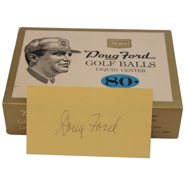 Doug Ford Signed 3x5 Card w/1960 Sears Doug Ford Liquid Center Golf Balls Box w/Balls JSA ALOA