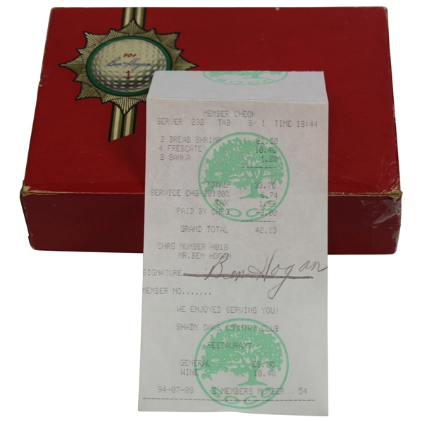 Ben Hogan Signed Shady Oaks Receipt w/1964 Hogan Co. 90+ Logo Golf Balls Box w/Balls JSA ALOA