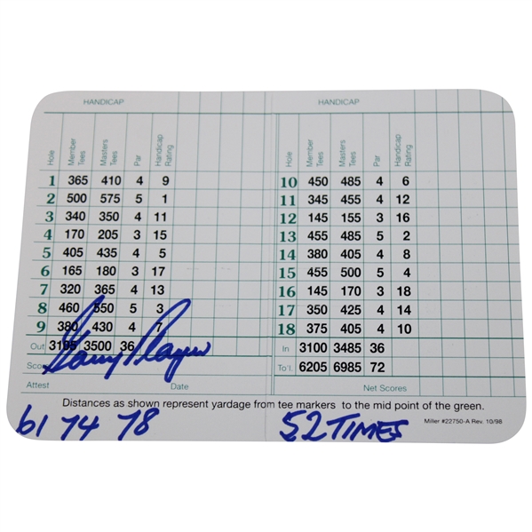 Gary Player Signed Augusta National GC Scorecard with Years Won & 52 Times Notation JSA ALOA