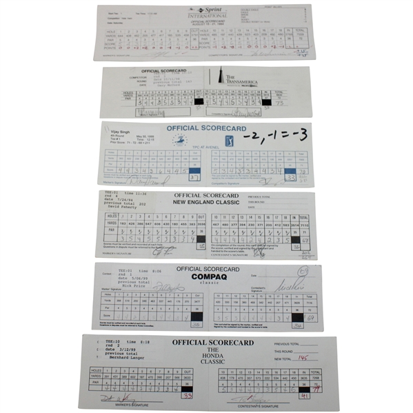 Langer, Singh, Irwin & Nine (9) others Signed Sprint/Kemper/Honda/Compaq/New England/Trans America Scorecards