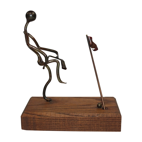 Angry Metal Golfer Statue Metal Bending Club Over Knee on Wood Base with Ball & Flagstick