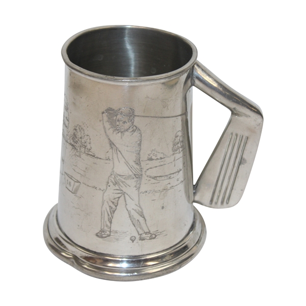 Sheffield England Pewter Golfers Tankard With Iron Club Handle And Etched Golf Scene Motif