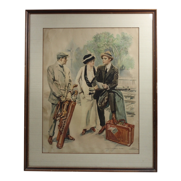 Golfer with Lady, Caddy & Bag w/Clubs Painted for L. Adler Bros. & Co. by James Montgomery Flagg - Framed