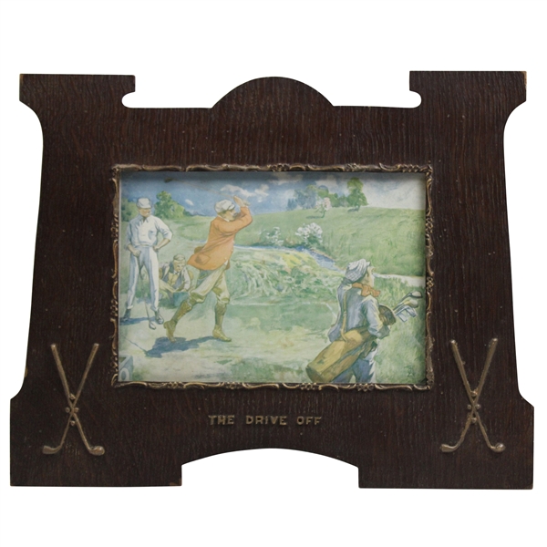 Red Coat Golfer Teeing Off The Drive Off with Ornate Crossed Clubs & Golf Balls Frame