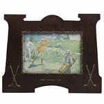 Red Coat Golfer Teeing Off The Drive Off with Ornate Crossed Clubs & Golf Balls Frame