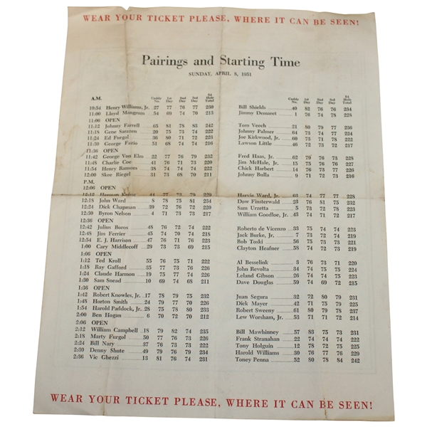 1951 Masters Tournament Sunday Final Round Pairing Sheet - Ben Hogan Winner