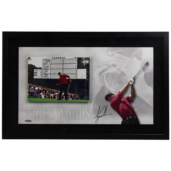 Tiger Woods Signed 1997 Masters Final Rd Fist Pump Scoreboard Photo Display UDA #BAH94467