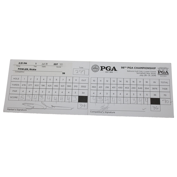 Rickie Fowler Signed 2016 PGA Championship at Baltusrol Official Final Rd Scorecard