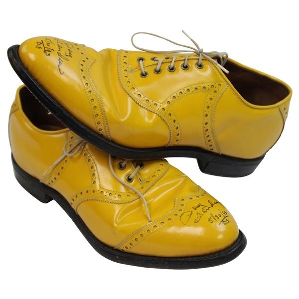 Doug Sanders Signed Personal Used Yellow Custom Golf Cleats Shoes w/5/20/93 Inscrip. JSA ALOA