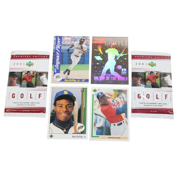 Two (2) 2001 Premier Golf Card Packs, Jordan Baseball & Griffey Rookie + Two (2) other Griffey Cards