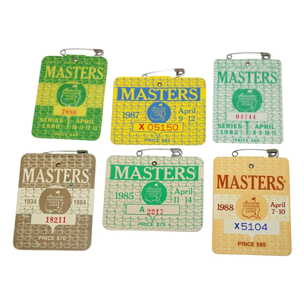 1980, 1982, 1984, 1985, 1987 & 1988 Masters Tournament SERIES Badges